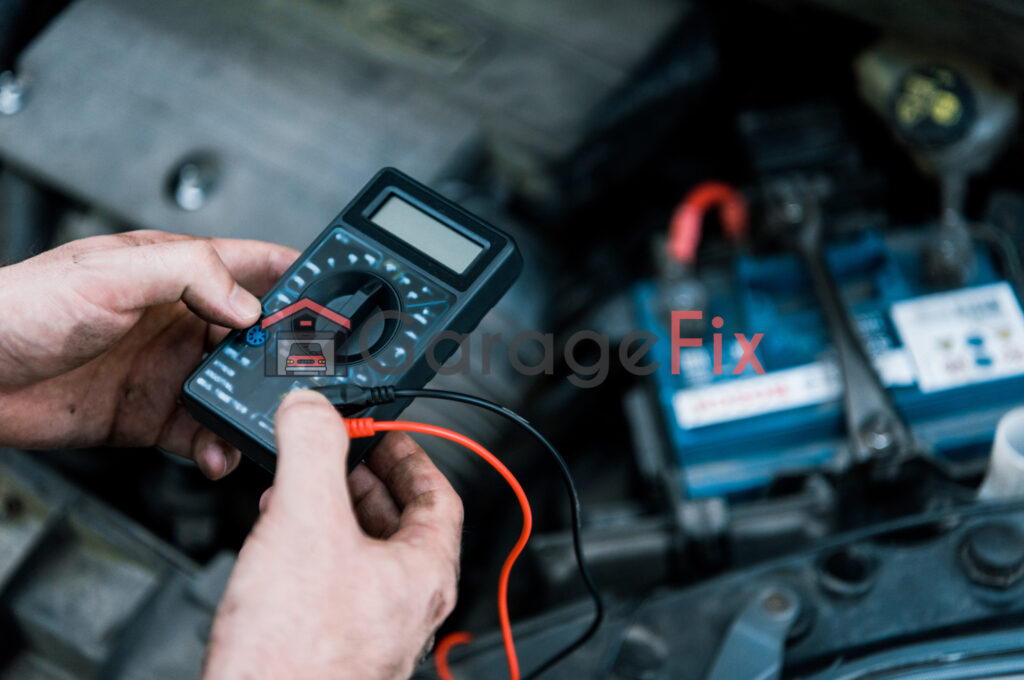 A man using a multimeter to check the battery in a car.