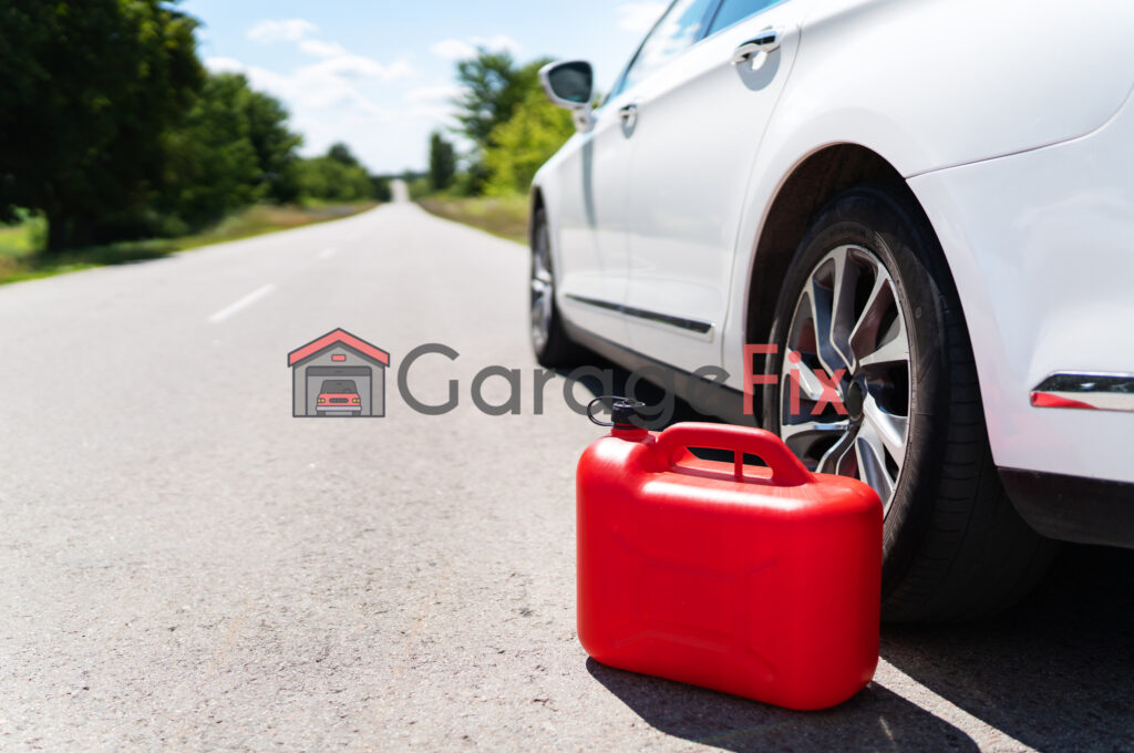 A car with a red gas can on the side of the road.