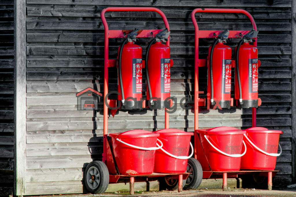 Two red fire extinguishers on a cart.