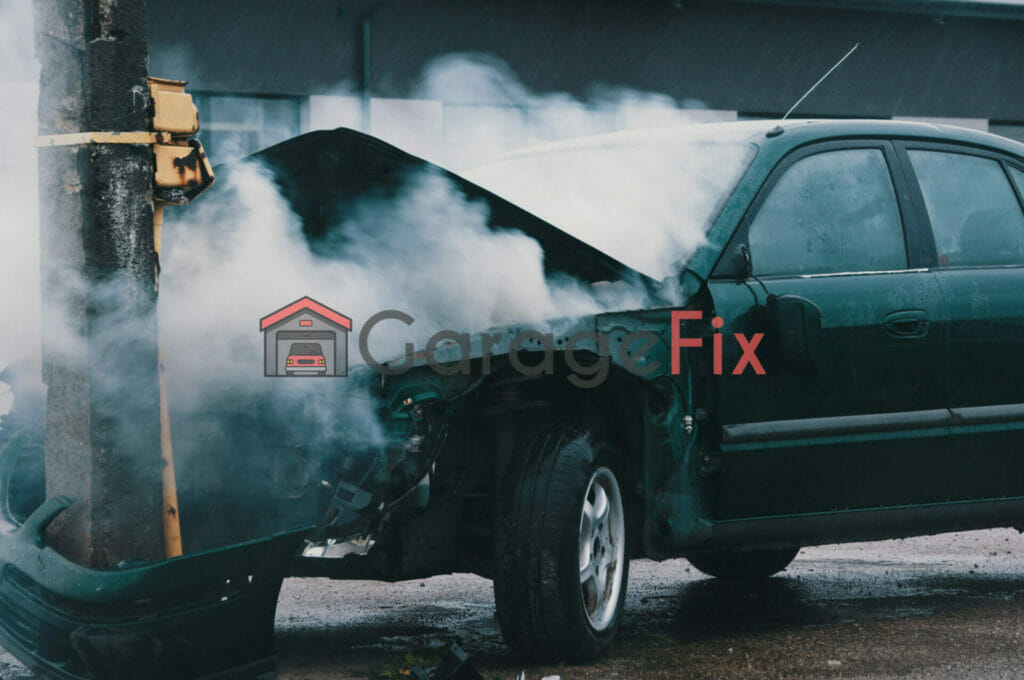 A green car with smoke coming out of it.