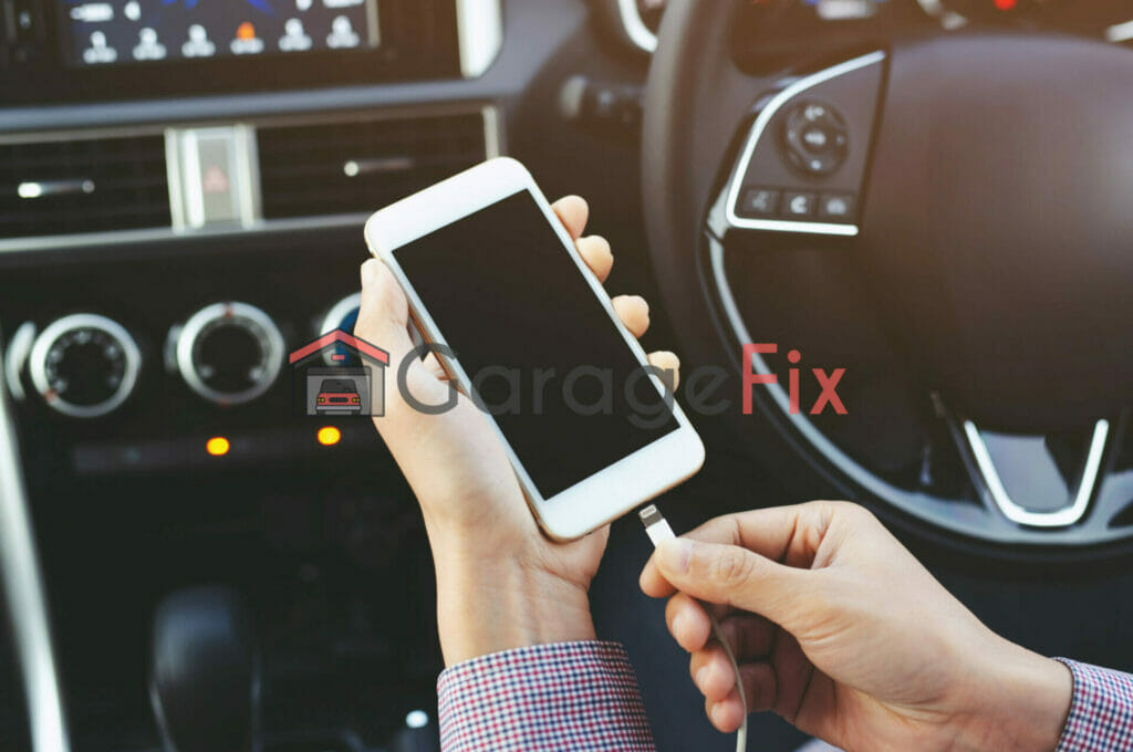 A person using a cell phone in a car.