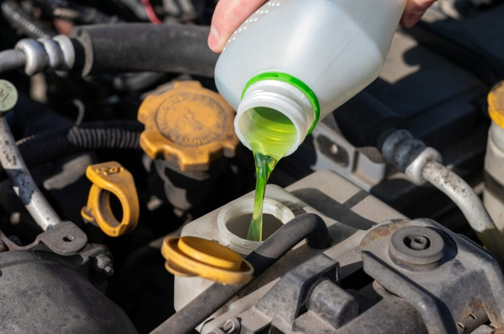 A hand pours green coolant from a white bottle into the coolant reservoir of a car engine.